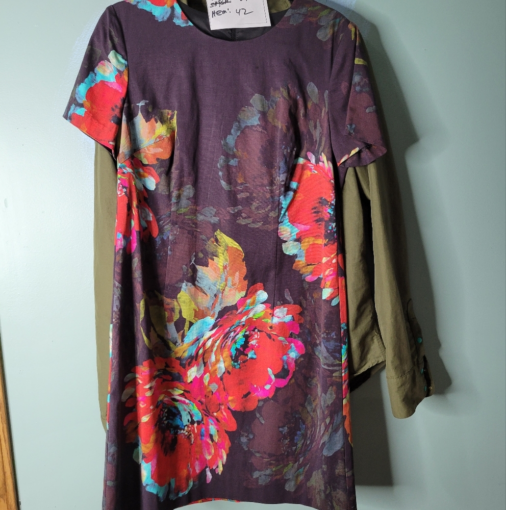 Trina Turk Purple Floral Shift Dress with Red, Pink and Teal Accents